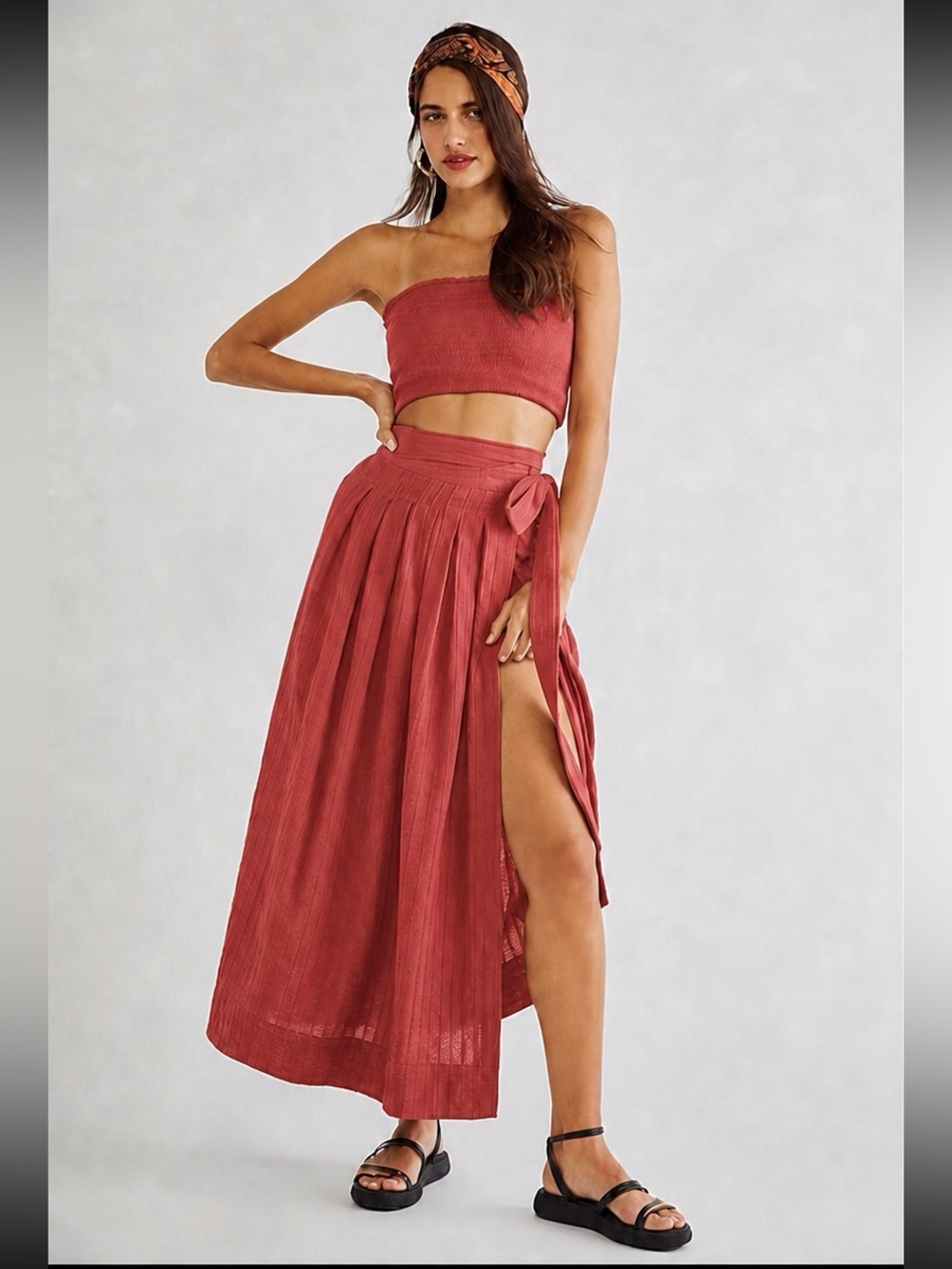 Free People Wrap Skirt Rust Rey Maxi pockets 100% cotton natural materials